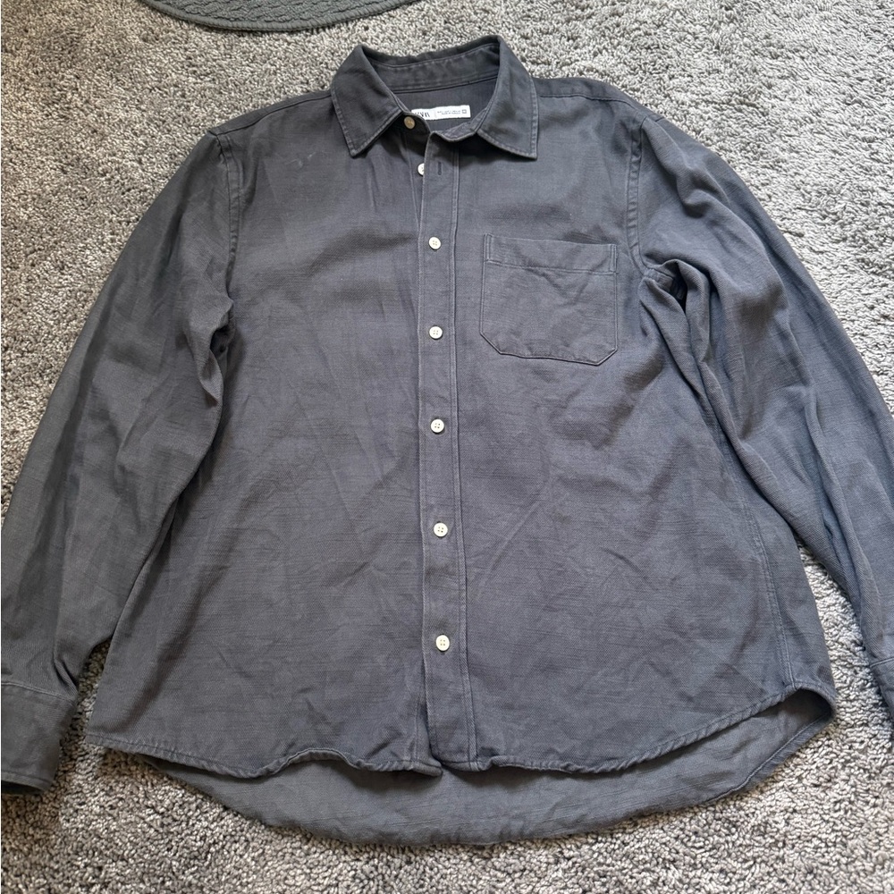 Men's Gray Button-Up Shirt Zara twill casual wear sz L